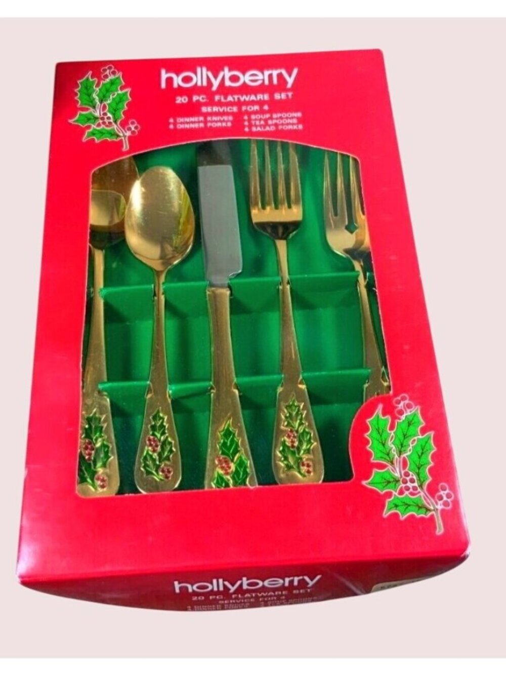 Hollyberry 20 Pc Flatware Set Gold-Tone Holly Design Knives Forks Spoons Holiday